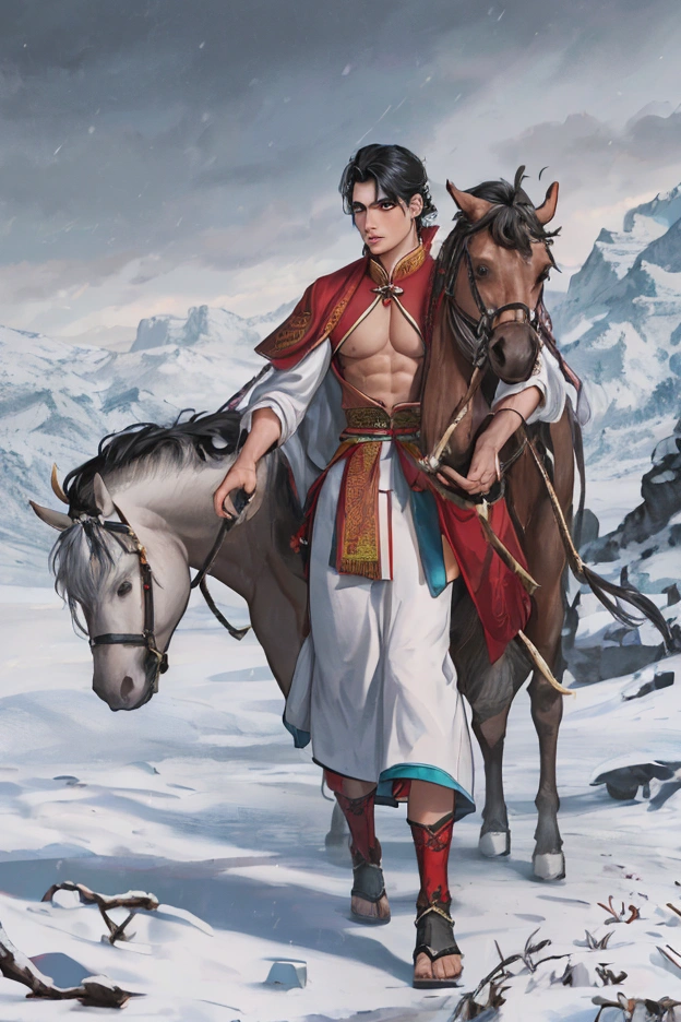 a realistic boy in native Tibetan clothing, short curly hair, very handsome full body wusia, male warrior, hansome japnaese demon boy, akira from chinese mythology, powerful body, shirtless warrior,holding a bow, walking with a horse through a snowy storm, highly detailed, 8k, photorealistic, detailed face, beautiful eyes, long eyelashes, detailed lips, detailed clothing, snowy landscape, blowing snow, cold atmosphere, warm lighting, dramatic sky