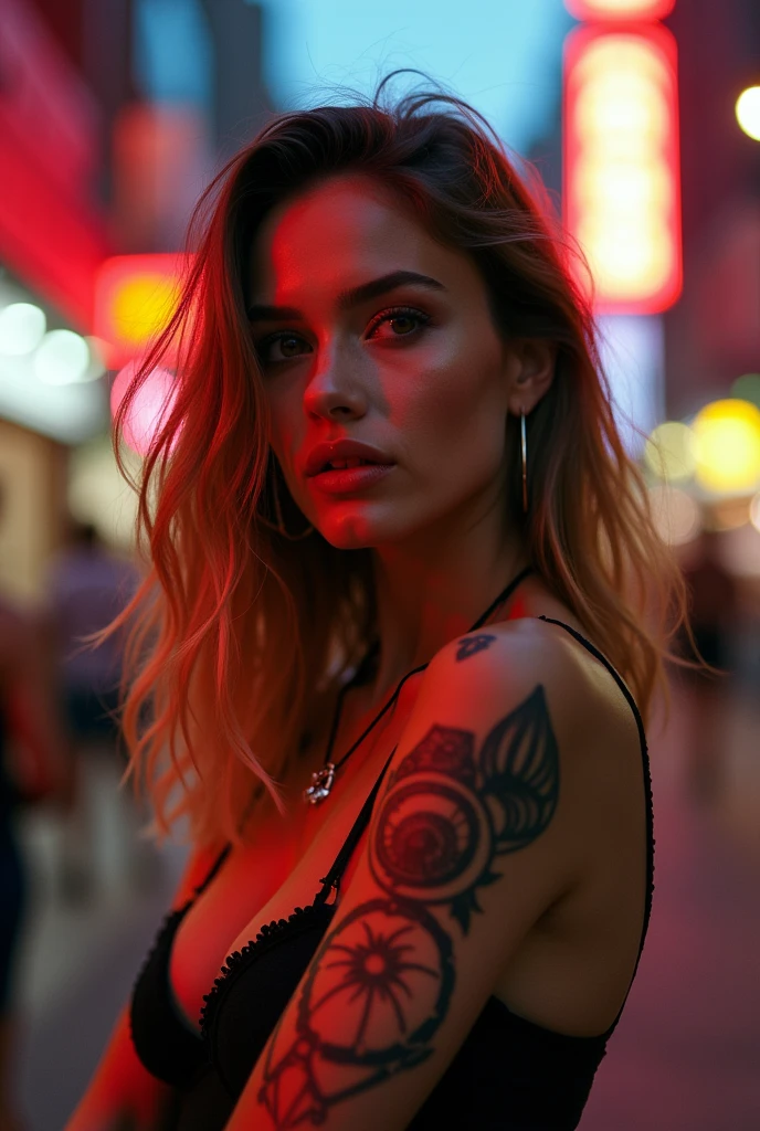 Tumblr style urban photoshoot with a Canon EOS Mark V camera, - 80mm anamorphic lens, ISO 100, shutter speed 1/1450s, Autofocus perfectly captures depth between shots, ultra-sharp image, Perfect contrast and color, sunset time, City with cyberpunk style and futuristic atmosphere with neon lights as background, The model is the((The amazing actress Amy Jo Johnson posing daringly, well defined face, well detailed honey colored eyes, several tattoos on the neck, face and arms)), Ultra-defined hair line by line, Perfect tanned skin reflecting the soft light of the sunset, Super sexy photography, Make the image look natural and casual