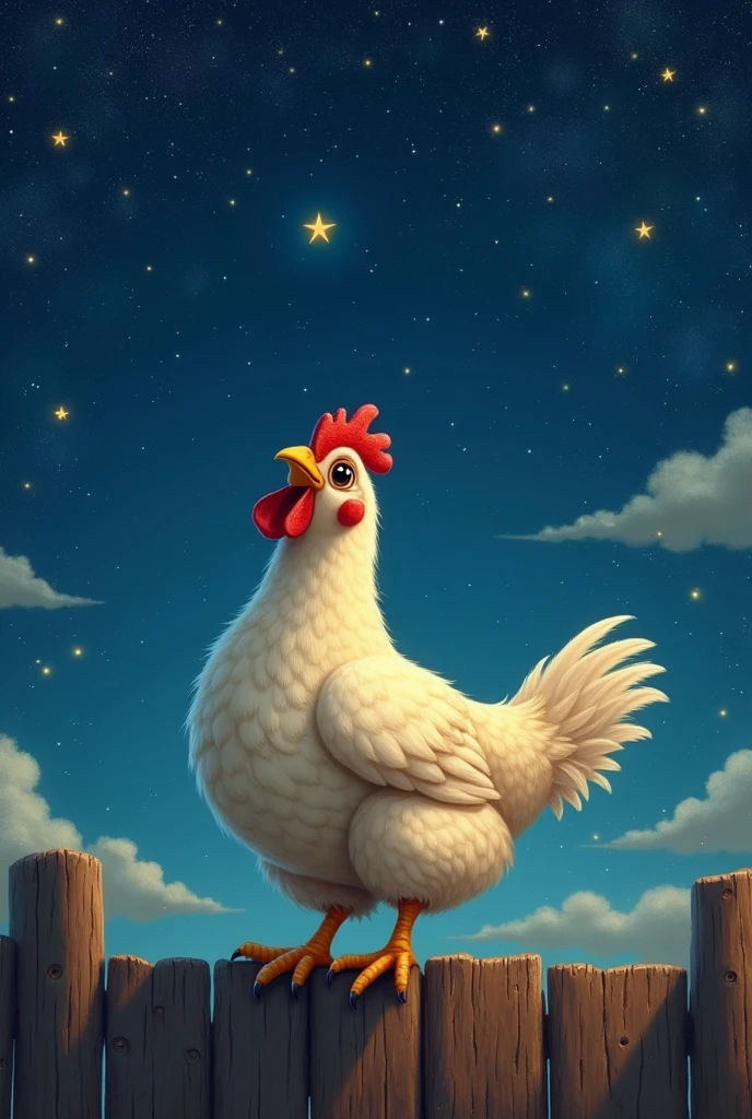 artwork, painting, in a starry sky, a scene of a plump, curious chicken standing on a rustic wooden fence, gazing up at a starry night sky. The constellations twinkle above, with a few stray clouds drifting lazily across the celestial canvas. The chicken's feathers glow softly in the moonlight, its beak tilted upward as it contemplates the mysteries of the universe.