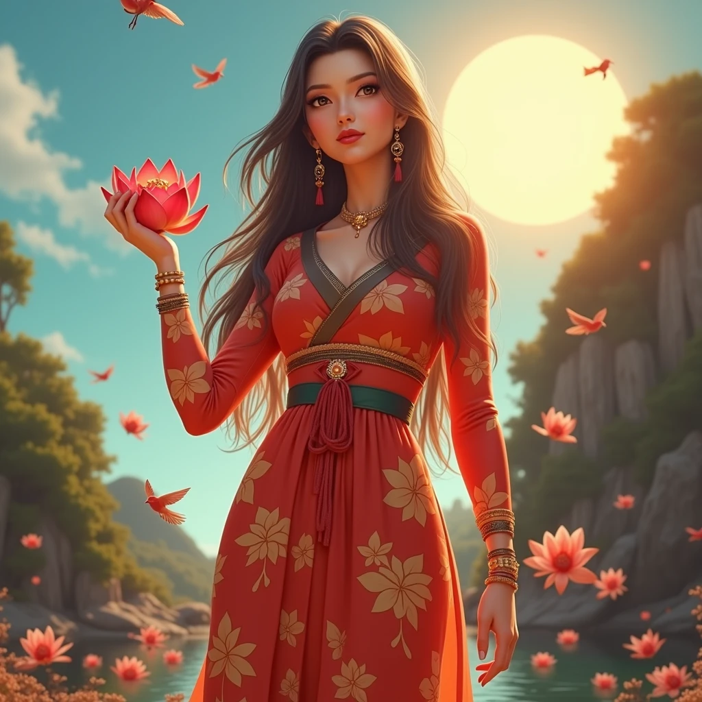 (masterpiece,Highest quality,,8k,High resolution),One female,,Beautiful Face,Beautiful Face,Beautiful eyes,Beautiful lips,Compassionate Mother Kannon,Black Hair,,Wave,,Standing on the surface of the water,,flower,bird,,moon,,jewelry,Holding,Long sleeve,Veil,necklace,Lotus,Long Hair,dress,(whole body),Highly detailed CG,