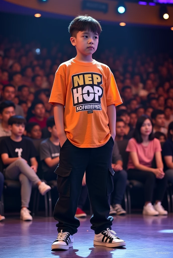 To generate an image based on your description:
- The subject should be a -yeld boearing a Nep Hop Ko Shreepech T-shirt, similar to the one shown in the image.
- He should be a little white, wearing black cargo pants, and OG sneakers.
- His hair should be short, neat, and slightly sloped.
- The T-shirt should have "NEP HOP को श्रीपेज" written on it.
- The scene should have a background of an audition venue with a similar vibe to what you provided earlier, featuring audience members and judges watching his performance.
This will keep everything similar but update the clothing to match the new T-shirt design. You can use this description as a prompt for image generation.