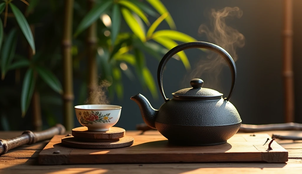 (Leave the left half of the screen blank)A rustic iron product with a handle(Describe the texture of iron in detail)teapot(Make tea、smoke),Place it on the kiln-burning charcoal stove.Exquisite ceramic glazed tea cup set on wooden coasters.Dead Branches. Inspired by the tea ceremony scene, cozy atmosphere, Zen and calm, A taste of serenity and zen, Warm and respectful atmosphere, Comfortable environment, Just relax, feeling of happiness, Soft light and shadow.high quality. High style.Zen style bamboo branches and leaves background(best quality)(intricate details)(leave a big blank)Minimalism, romanticism, Chiaroscuro, outer boundary, Ultra high quality, masterpiece, anatomically correct, Super detailed, best quality.Nice photos