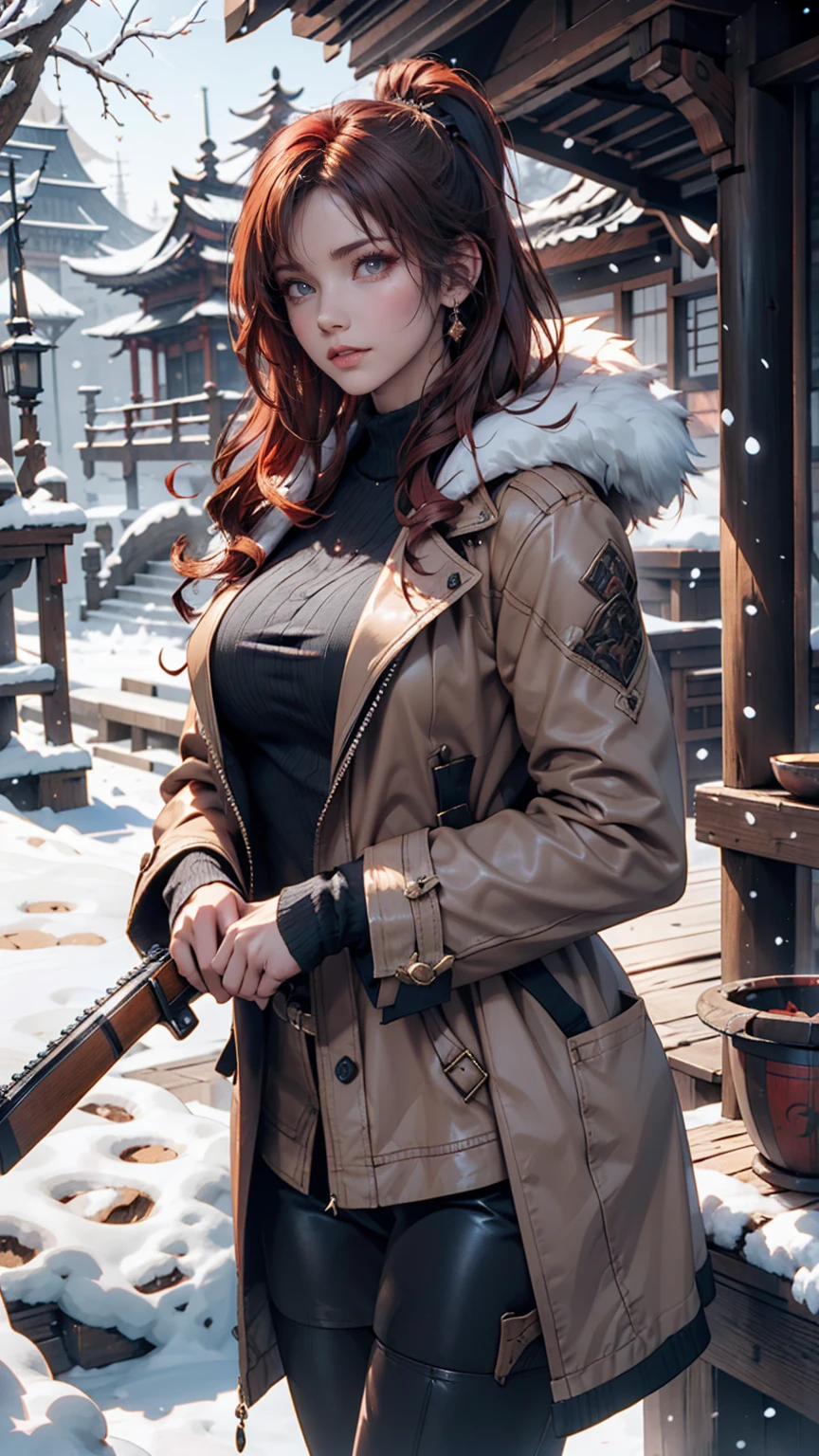 Hunting girl with rifle in combat pose in snow,Oriental,Blade and Soul,Ink Style,Long Red Hair,Leather and fur coats,cold,artwork,3d,4K,detailed,Realistic