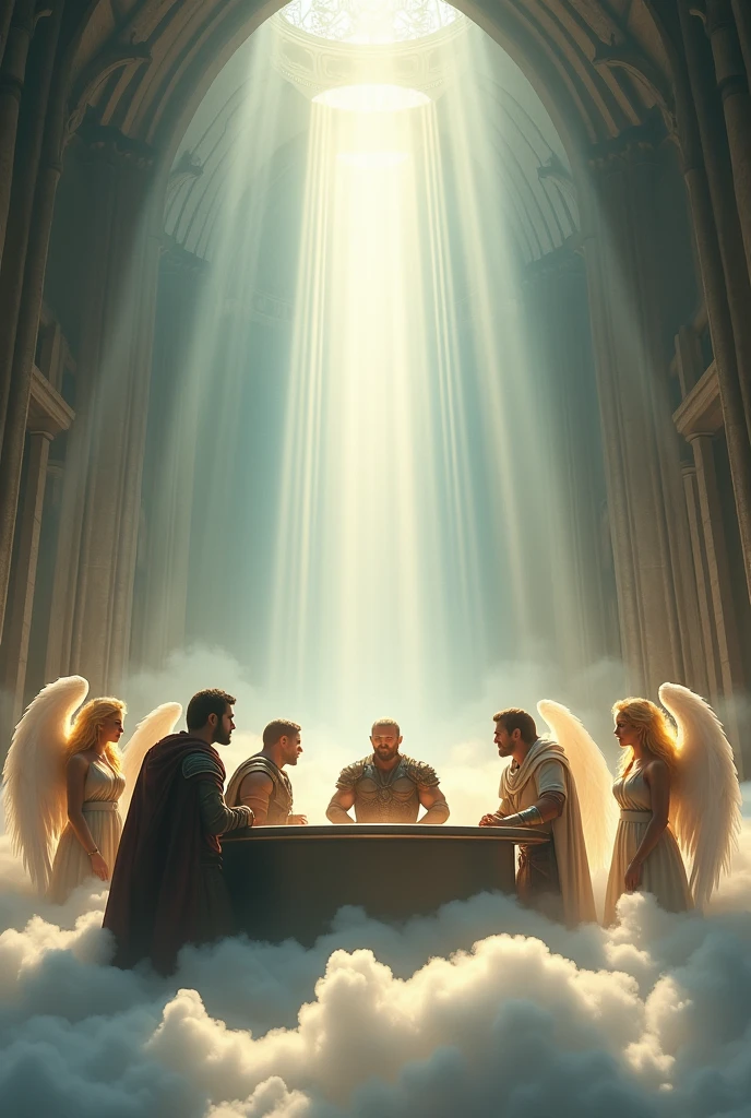 In the great cathedral hall、The ceiling is so high I can't see。
The ground is covered with a sea of clouds, making it a heavenly place.。
In the middle is a smart cylindrical desk.、
4 men、Three blonde girls、
The angels stand、Surrounding the desk。
The warriors are having a meeting。