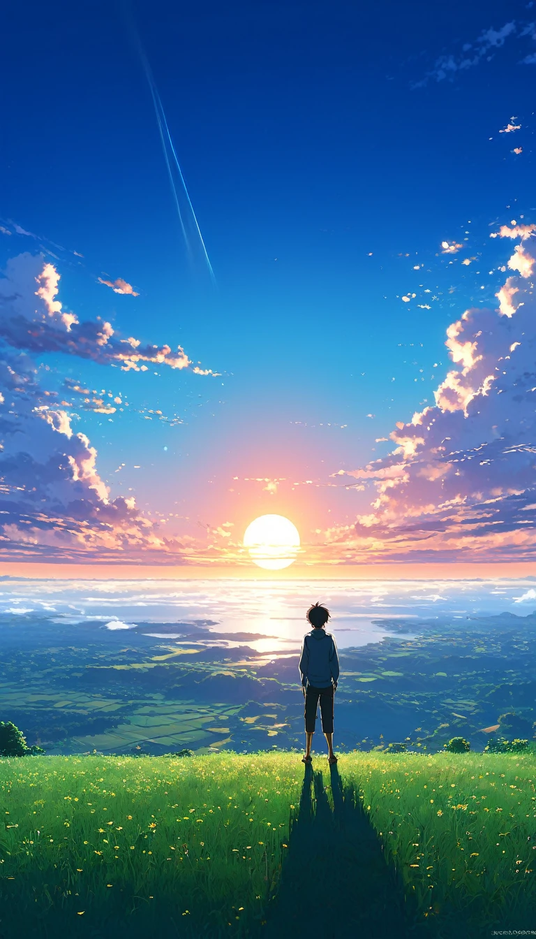 Beautiful and serene anime landscape, ((with clean sky bintage effect)), sunset ((without clouds)), dreamy, incredible. A boy looking towards the empty horizon, an incredible clear sky, fascinating, dreamy, surreal, well detailed, photoshop, anime-realistic, anime landscape wallpaper, landscape anime, anime landscape wallpapers, anime beautiful scene peace, beautiful anime landscape, anime sky anime. by makoto shinkai, Rhads and Lois Van Baarle, makoto shinkai cyril rolando, anime background art, 4k anime art wallpaper, clear sky