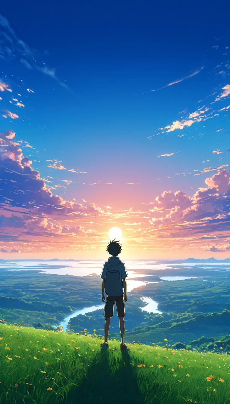 Beautiful and serene anime landscape, ((with clean sky bintage effect)), sunset ((without clouds)), dreamy, incredible. A boy looking towards the empty horizon, an incredible clear sky, fascinating, dreamy, surreal, well detailed, photoshop, anime-realistic, anime landscape wallpaper, landscape anime, anime landscape wallpapers, anime beautiful scene peace, beautiful anime landscape, anime sky anime. by makoto shinkai, Rhads and Lois Van Baarle, makoto shinkai cyril rolando, anime background art, 4k anime art wallpaper, clear sky