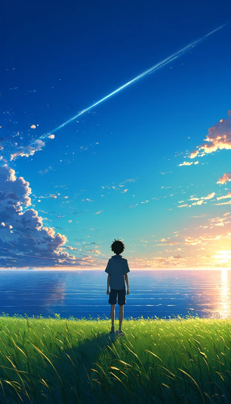 Beautiful and serene anime landscape, ((with clean sky bintage effect)), sunset ((without clouds)), dreamy, incredible. A boy looking towards the empty horizon, an incredible clear sky, fascinating, dreamy, surreal, well detailed, photoshop, anime-realistic, anime landscape wallpaper, landscape anime, anime landscape wallpapers, anime beautiful scene peace, beautiful anime landscape, anime sky anime. by makoto shinkai, Rhads and Lois Van Baarle, makoto shinkai cyril rolando, anime background art, 4k anime art wallpaper, clear sky