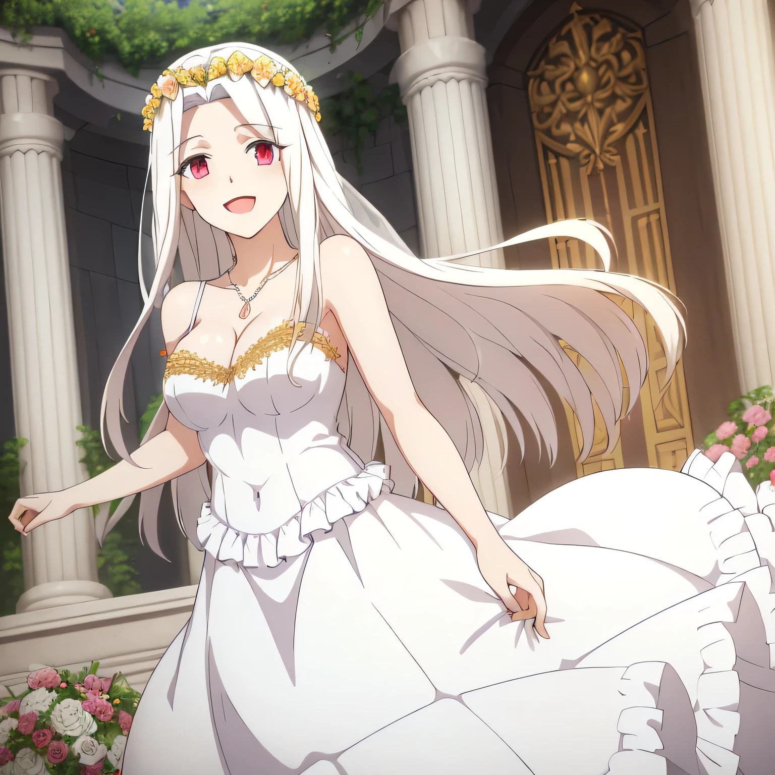Irisviel,white with gpld dress sleeveless of wedding,solo,beautiful laughs,arm at side,middle size of breast,beautiful necklace,matching remix,revealing dress,in beautiful garden,happy smile, Irisviel carrying flowers on her hand,,golden wreath,Shining breasts,beautiful breasts