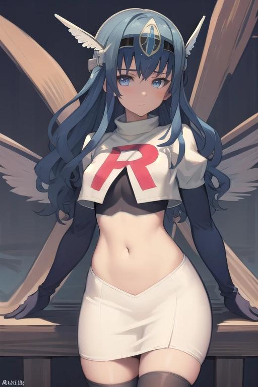 best quality, (masterpiece:1.2), illustration, absurdres,
(1girl, solo), (beautiful detailed girl),
blue hair, long hair, wavy hair, blue eyes, medium breasts,
winged visor, wing ornament, team rocket,team rocket uniform,white skirt,red letter R,crop top,black thigh-highs,black elbow gloves, looking at viewer,
magical forest, flowers, sky, clouds