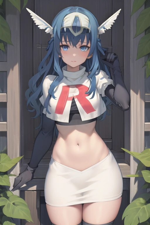 best quality, (masterpiece:1.2), illustration, absurdres,
(1girl, solo),  (beautiful detailed girl), 
blue hair, long hair, wavy hair, blue eyes, medium breasts,
winged visor, wing ornament, team rocket,team rocket uniform,white skirt,red letter R,crop top,black thigh-highs,black elbow gloves, looking at viewer,
magical forest, flowers, sky, clouds