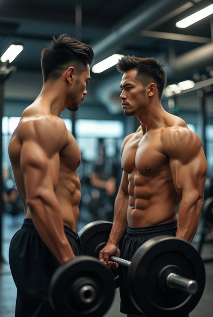 2 handsome muscular attractive Asian brothers training for life