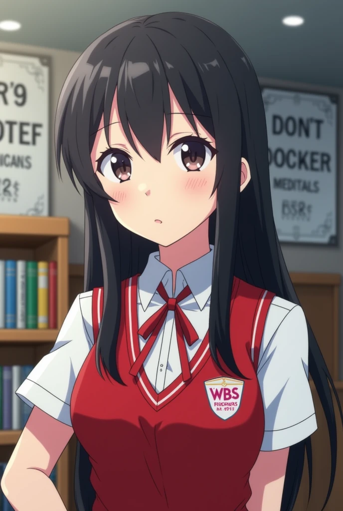 An anime girl, student council president, WBS logo in uniform, short sleeve, red vest, cold expression, super long black hair, matured face, cool, serious, close up face