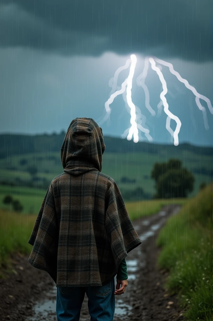 A country boy with his poncho watching the rain with lightning coming
