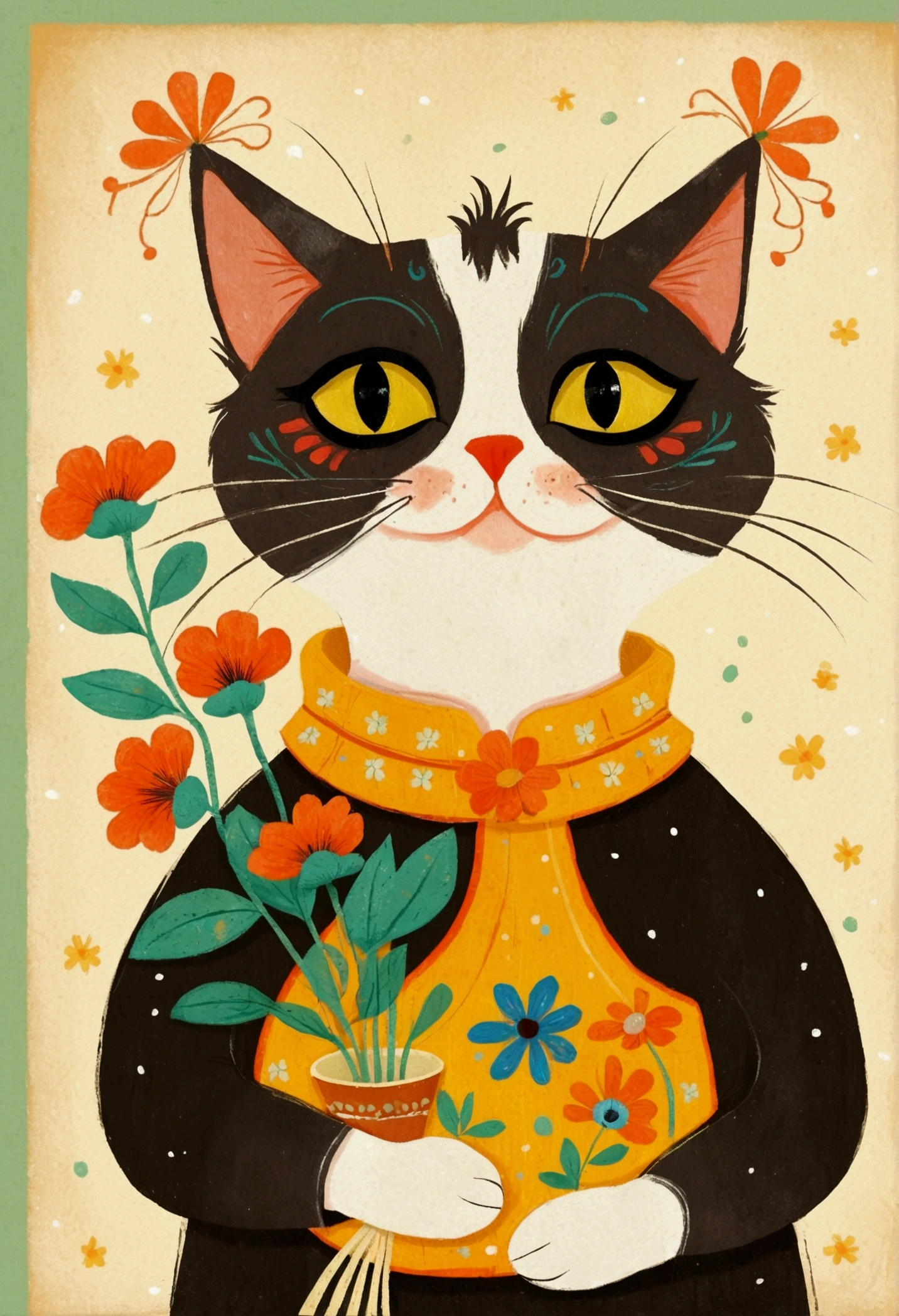 Childish Art, Folklore illustrations, Retro European Folk Art, Anthropomorphic cat,portrait， Traditional folk art style, Anthropomorphic cat, Holding flowers