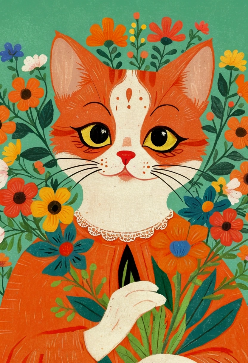 Childish Art, Folklore illustrations, Retro European Folk Art, Anthropomorphic cat,portrait, Traditional folk art style, Anthropomorphic cat, Holding flowers