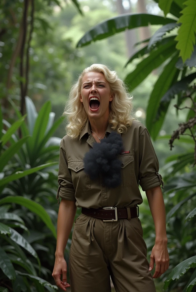 We see her from behind, , We also see his face , Big butt , We see her from behind, A hilarious cinematic scene from the 1940s features a young actress, resembling Doris Day, dressed as a poacher in the heart of the jungle. She is bent over, wearing long pants and a hunter's shirt, holding a rifle, and has a big hole in her pants with charred marks and smoke emanating from her rear. With her platinum blonde hair short and sleek, she appears to be around 30 years old. In a moment of slapstick comedy, she screams in pain, eyes and mouth wide open, revealing the massive hole in her pants from a shotgun accident. The scene is captured in stunning 4K high definition, with the jungle as a backdrop and a comedic tone throughout.,