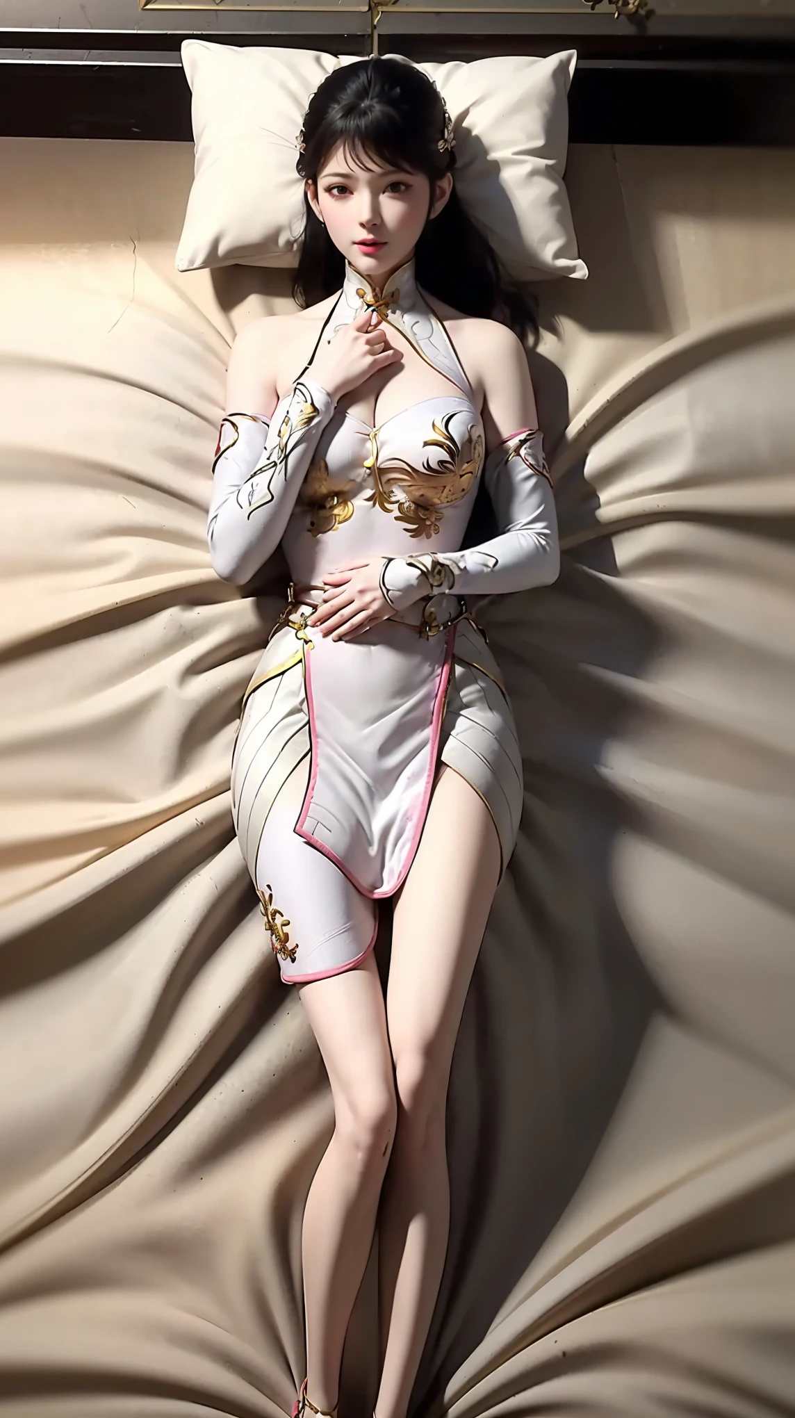The girl lay on the bed，22 year old，realisticlying，She wore long trousers，Wearing pink pajamas，brown  hair。