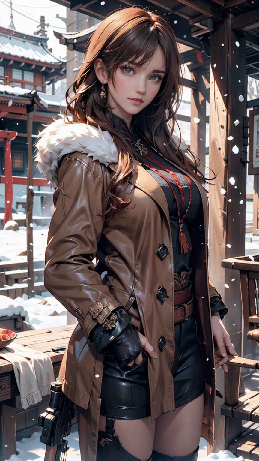 Hunting girl with rifle in combat pose in snow,Oriental,Blade and Soul,Ink Style,Long Red Hair,Leather and fur coats,cold,artwork,3d,4K,detailed,Realistic