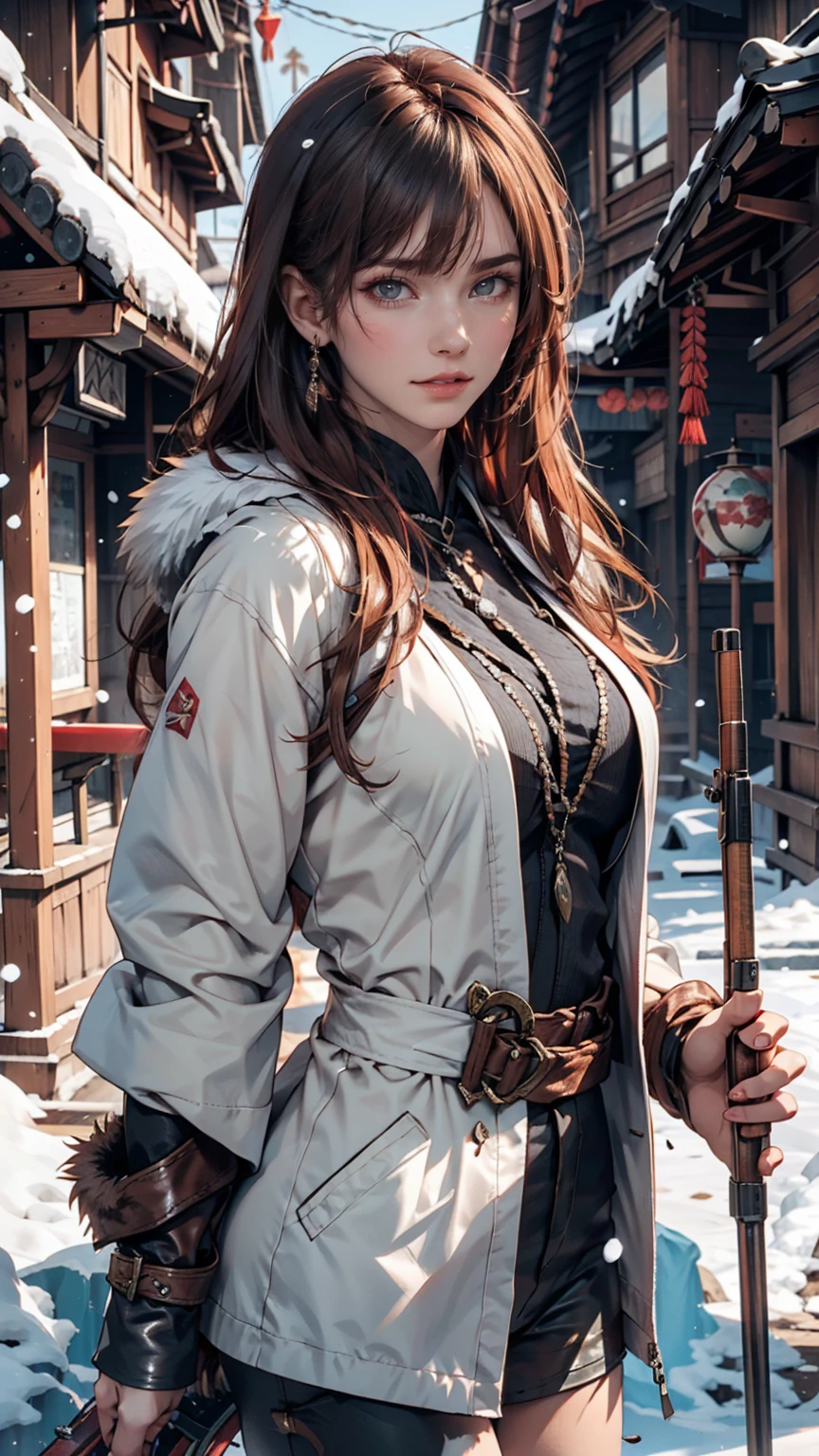 Hunting girl with rifle in combat pose in snow,Oriental,Blade and Soul,Ink Style,Long Red Hair,Leather and fur coats,cold,artwork,3d,4K,detailed,Realistic