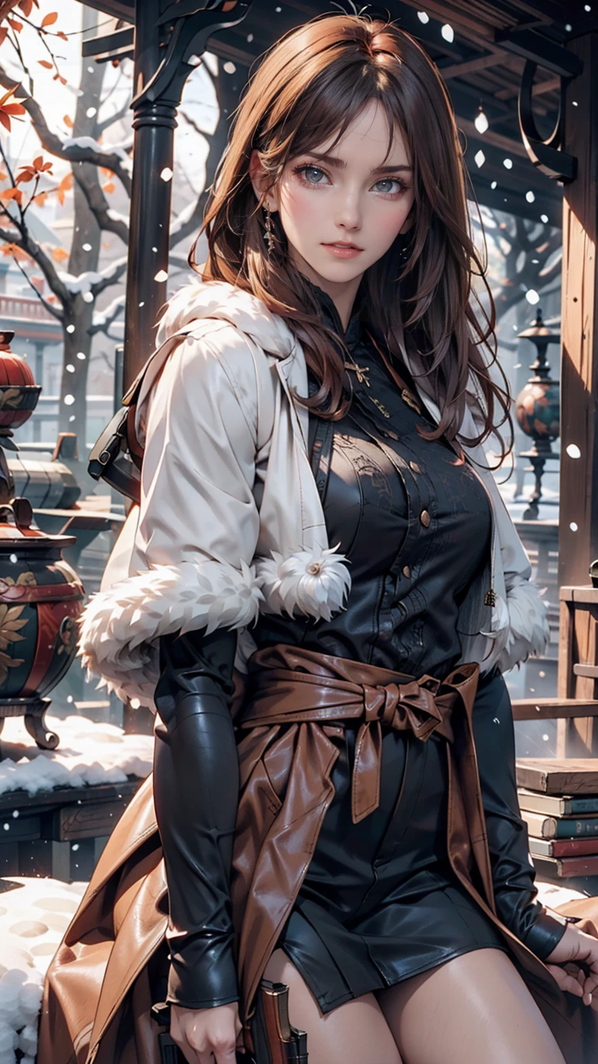 Hunting girl with rifle in combat pose in snow,Oriental,Blade and Soul,Ink Style,Long Red Hair,Leather and fur coats,cold,artwork,3d,4K,detailed,Realistic
