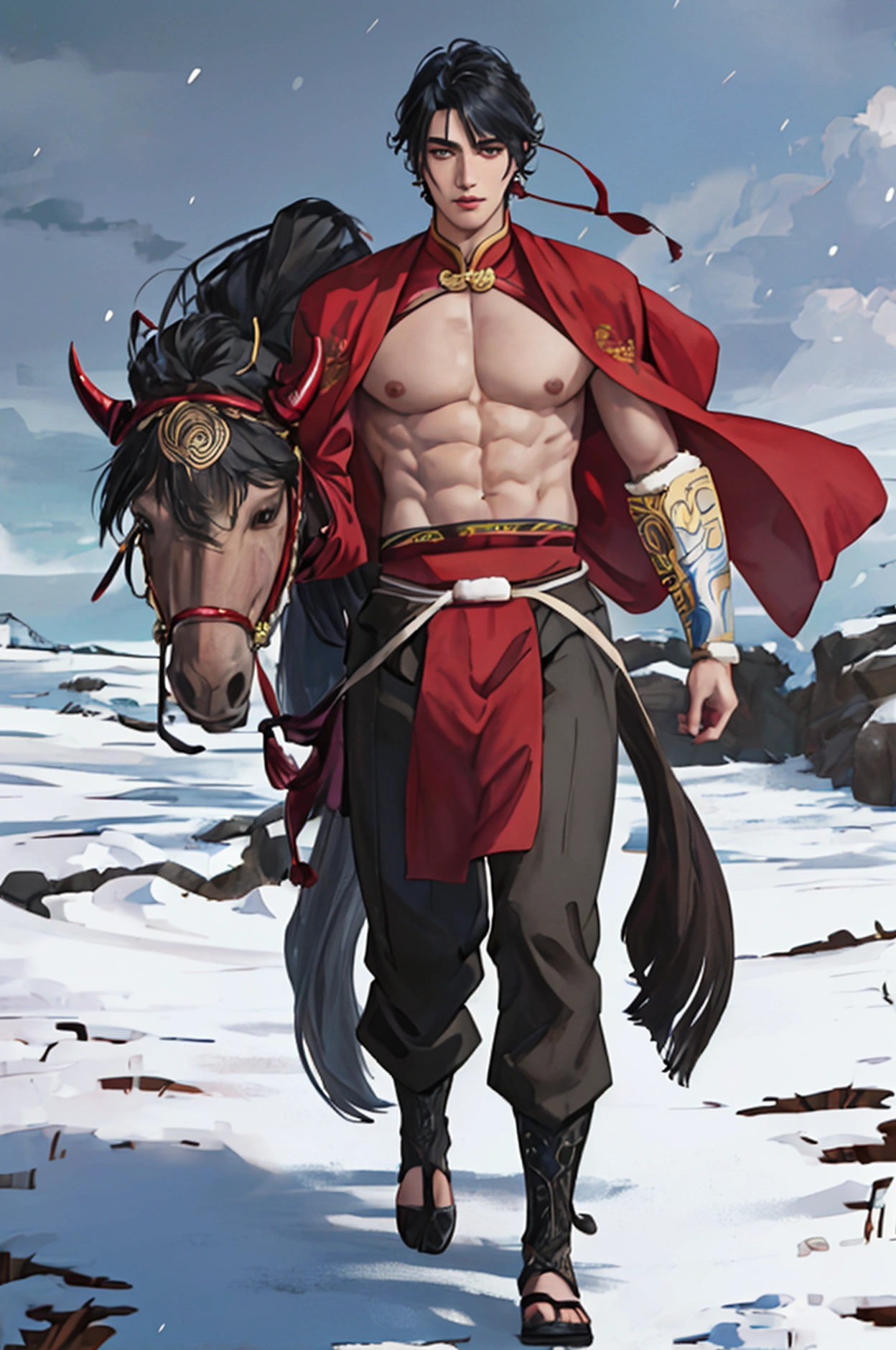a realistic boy in native Tibetan clothing, short curly hair, very handsome full body wusia, male warrior, hansome japnaese demon boy, akira from chinese mythology, powerful body, shirtless warrior,holding a bow, walking with a horse through a snowy storm, highly detailed, 8k, photorealistic, detailed face, beautiful eyes, long eyelashes, detailed lips, detailed clothing, snowy landscape, blowing snow, cold atmosphere, warm lighting, dramatic sky