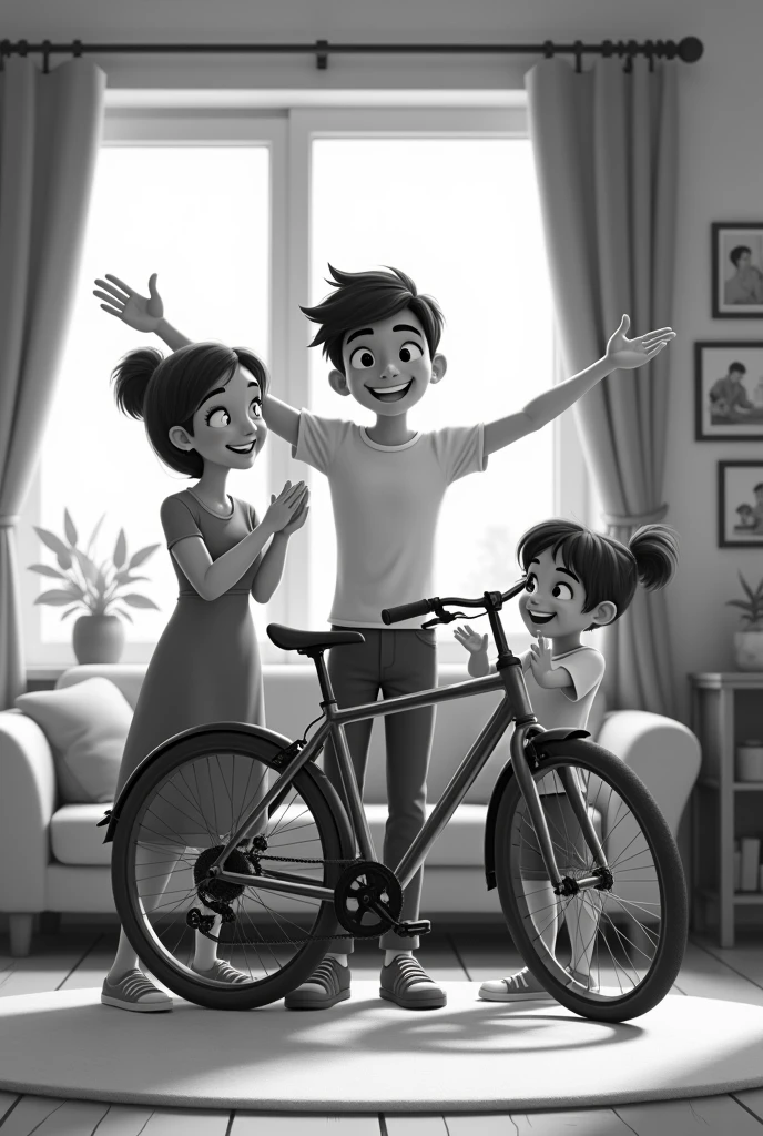 Scene of a young man at home with his family showing off his bike and being congratulated by his mother and sister In black and white in an animated vertical way