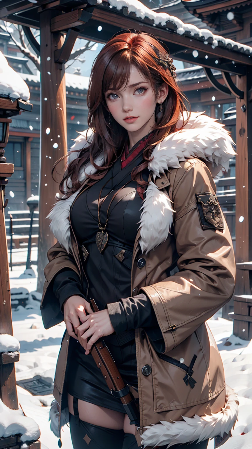 Hunting girl with rifle in combat pose in snow,Oriental,Blade and Soul,Ink Style,Long Red Hair,Leather and fur coats,cold,artwork,3d,4K,detailed,Realistic