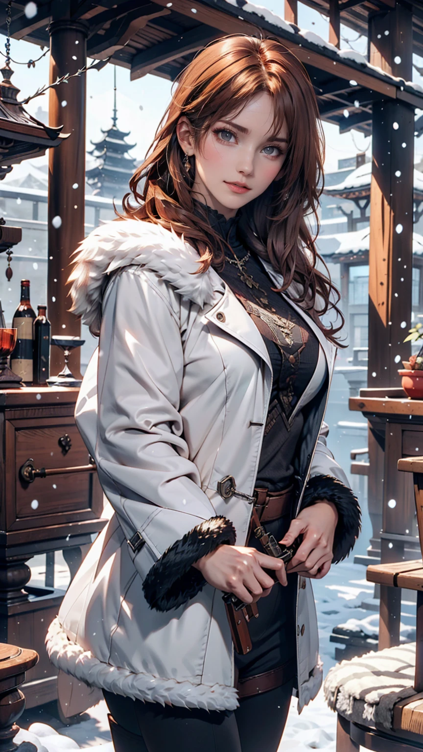 Hunting girl with rifle in combat pose in snow,Oriental,Blade and Soul,Ink Style,Long Red Hair,Leather and fur coats,cold,artwork,3d,4K,detailed,Realistic