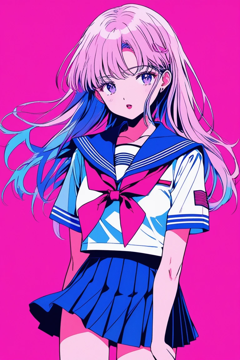 ((masterpiece,Highest quality)), 8k, anime , Realistic ,sketch, anime風のポートレート, woman, 20-year-old, Blue and pink gradient background, (High school girl sailor uniform, Short skirt, Panties are visible), Neon Hair, lip, Texture Trim, Japanese, whole body, (masterpiece,Highest quality)
