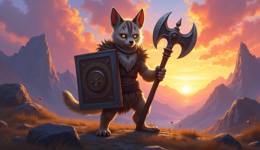 Vulpera allied race from world of warcraft short with warrior class light-colored fur with dark stripes and large ears holding a one-handed axe and a very large, square shield with an epic skyline in the background