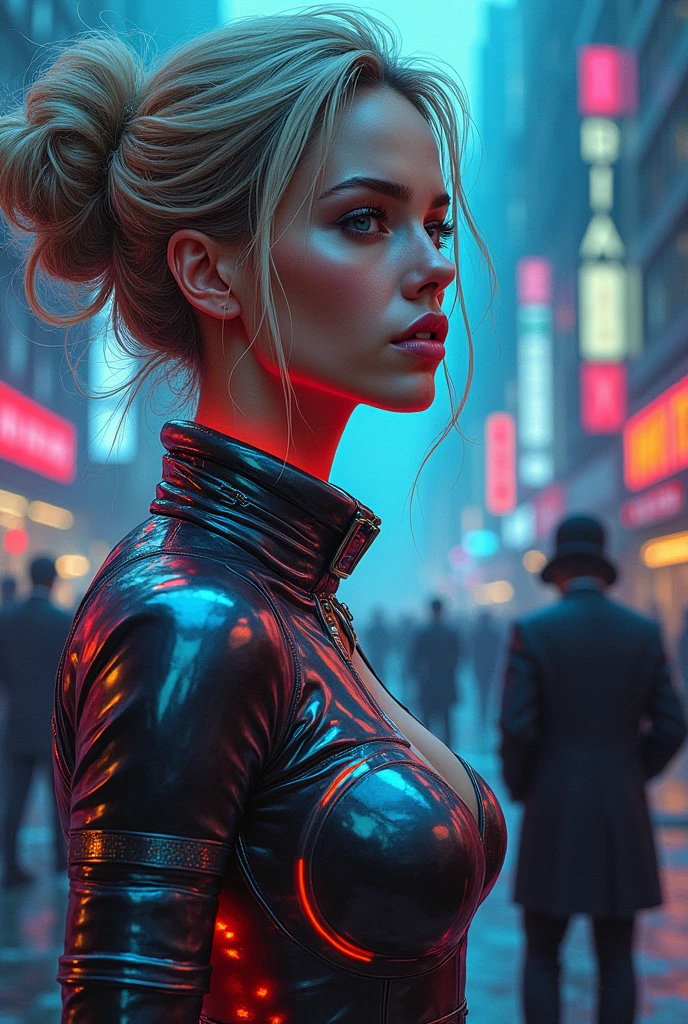 Create a meticulously detailed, realist, artistic and creative oil painting, signed by Tomelee, that blends the styles of Norman Rockwell, Jeremy Mann, John William Waterhouse, Luis Royo, Van Gogh, Boris Vallejo, and Banksy by Tomelee. Use a primary and secondary protagonist, and captivating color contrasts. The background is muted or faded to distinguish the background from the protagonist. Use anatomically accurate figures and accurate anatomy, scale, and foreshortening. Use detailed and anatomically accurate faces and hands. Use intense vibrant color on the protagonist. Create a high-resolution painting with dramatic lighting and chiaroscuro effect.
The central figure, a mysterious and mythical lady, commands attention with her striking presence. She is depicted with meticulous anatomical accuracy, showcasing detailed and expressive features, including her face, hands, and figure. Her futuristic outfit, adorned with neon accents, metallic textures, and intricate technological enhancements, shimmers under the city lights, seamlessly blending with the cyberpunk aesthetic.
The woman's face, bathed in a soft, ambient glow, conveys a captivating mix of strength and enigma. Her vibrant, cascading hair adds a dynamic element to her appearance, its colors merging and shifting with the neon hues of her surroundings. This further enhances the painting's futuristic and surreal atmosphere, making her a central figure of both beauty and power.
The secondary protagonists are rendered with equal precision, contributing to the depth and complexity of the scene. Their presence complements the main figure, adding layers to the narrative of this masterful work. The background, while intentionally muted and faded, features a blend of dark urban tones with subtle highlights that reflect the cyberpunk cityscape. This ensures that the viewer's focus remains on the central figure while providing a rich, immersive environment that supports the painting's overall futuristic theme.
Th