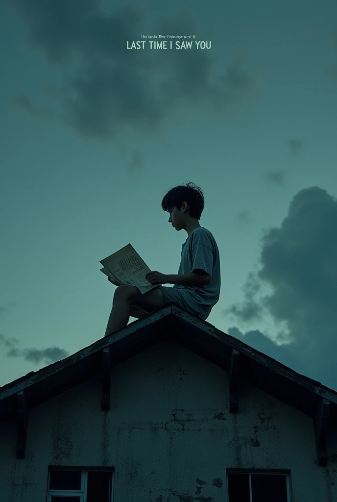 A cover with dark tones in which there is a -yeld ten top of a school building sitting with a small newspaper and the phrase "the last time i saw you" that the image has an atmosphere of nostalgia and sadness