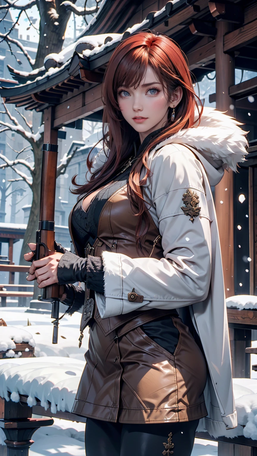 Hunting girl with rifle in combat pose in snow,Oriental,Blade and Soul,Ink Style,Long Red Hair,Leather and fur coats,cold,artwork,3d,4K,detailed,Realistic