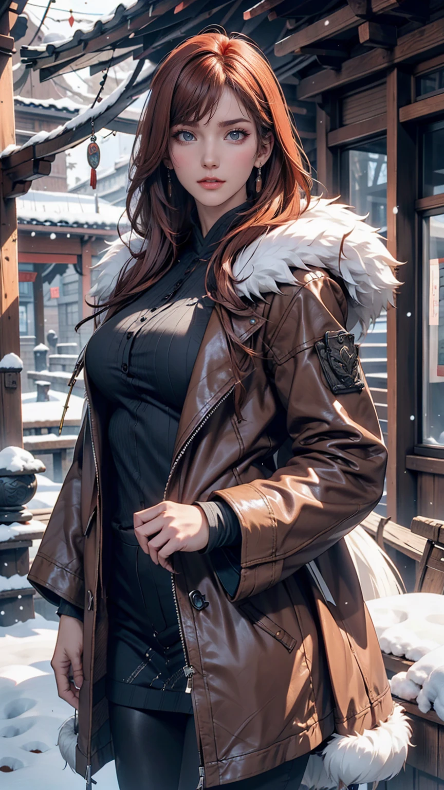Hunting girl with rifle in combat pose in snow,Oriental,Blade and Soul,Ink Style,Long Red Hair,Leather and fur coats,cold,artwork,3d,4K,detailed,Realistic