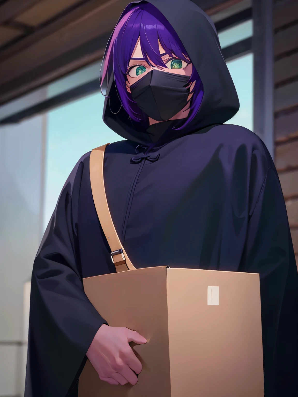 1 old man, 70 years old,Carrying a big bag,purple hair,short hair,short hair, green eyes, purple mustache,Black monk uniform, black hood,ultra detail, ultra HD, standing,Thin body,close up photo,Black mask