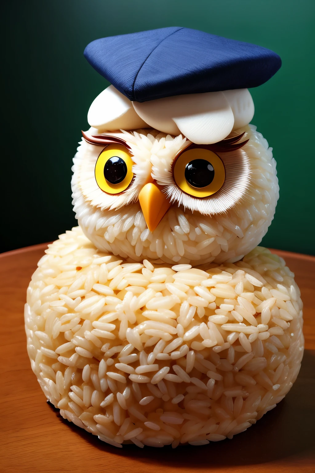 A cute owl rice ball wearing a college cap