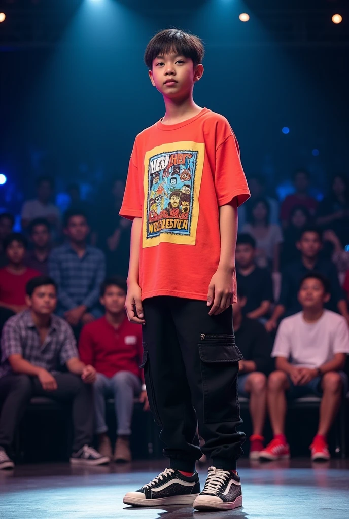 To generate an image based on your description:
- The subject should be a 17-year-old boy wearing a **Nep Hop Ko Shreepech** T-shirt, similar to the one shown in the image.
- He should be a little white, wearing black cargo pants, and OG sneakers.
- His hair should be short, neat, and slightly sloped.
- The T-shirt should have "NEP HOP को श्रीपेज" written on it.
- The scene should have a background of an audition venue with a similar vibe to what you provided earlier, featuring audience members and judges watching his performance.
This will keep everything similar but update the clothing to match the new T-shirt design. You can use this description as a prompt for image generation.