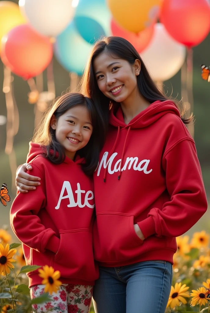 Real Pinay women beautiful with hoodies red printed name "mama" and daughter girl with hoodies red printed name "Ate" with flowers baloons butterflies standing