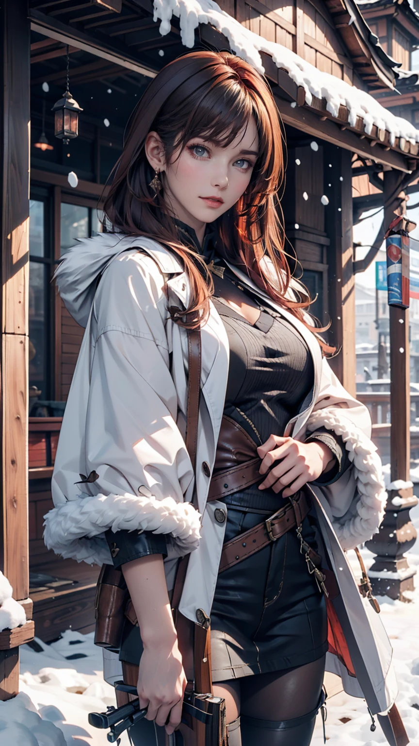 Hunting girl with rifle in combat pose in snow,Oriental,Blade and Soul,Ink Style,Long Red Hair,Leather and fur coats,cold,artwork,3d,4K,detailed,Realistic