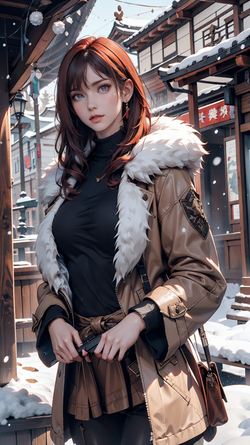 Hunting girl with rifle in combat pose in snow,Oriental,Blade and Soul,Ink Style,Long Red Hair,Leather and fur coats,cold,artwork,3d,4K,detailed,Realistic