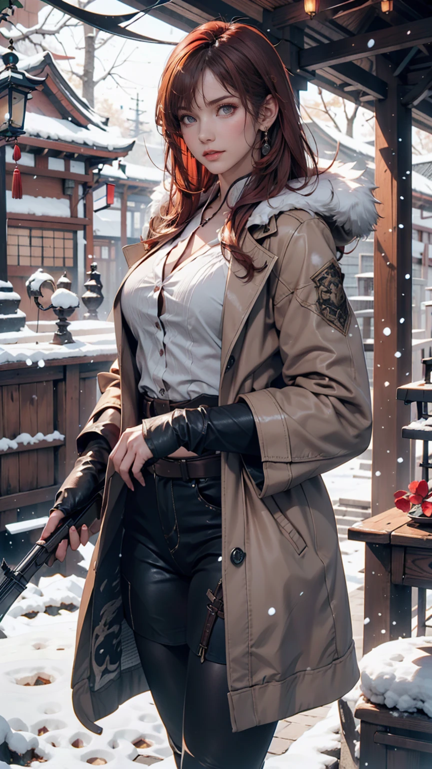 Hunting girl with rifle in combat pose in snow,Oriental,Blade and Soul,Ink Style,Long Red Hair,Leather and fur coats,cold,artwork,3d,4K,detailed,Realistic