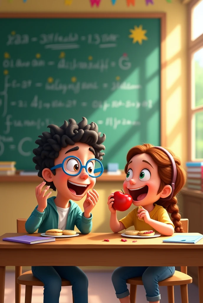 Generate an image of two school friends.They are sit in the classroom bacth and eating the lunch.The black board is front of them.The background is the gate of classroom