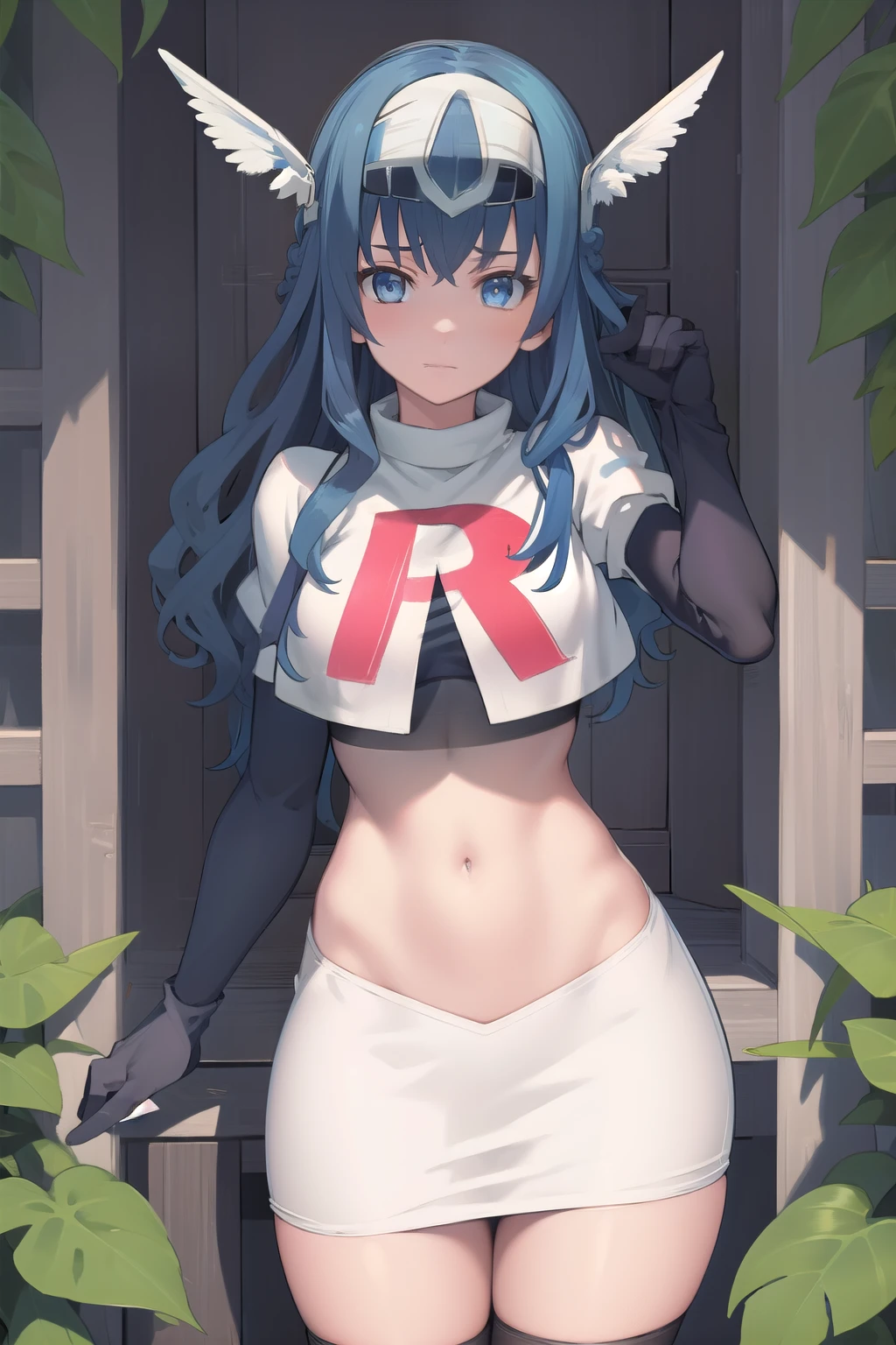 best quality, (masterpiece:1.2), illustration, absurdres,
(1girl, solo), (beautiful detailed girl),
blue hair, long hair, wavy hair, blue eyes, medium breasts,
winged visor, wing ornament, team rocket,team rocket uniform,white skirt,red letter R,crop top,black thigh-highs,black elbow gloves, looking at viewer,
magical forest, flowers, sky, clouds