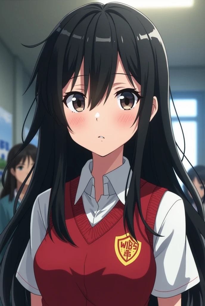 An anime girl, student council president, WBS logo in uniform, short sleeve, red vest, cold expression, super long black hair, matured face, cool, serious, close up face, slanted eyes
