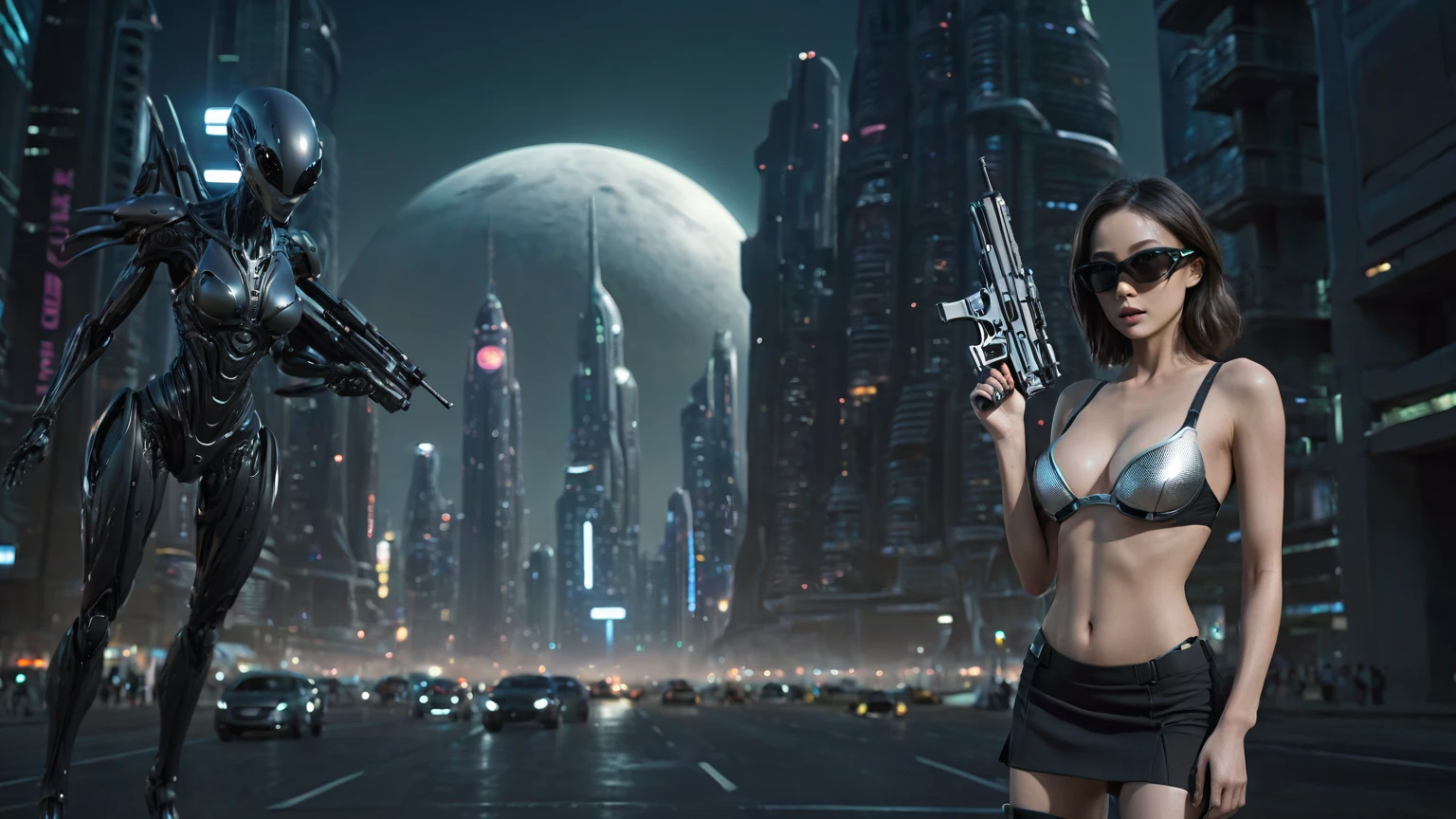 A futuristic alien cityscapes, flying vehicles. At night, 1 technologically advanced, organic-realism-infused humanoid female robot, solo, photo realistic, medium-breast:1.3 slim body, cleavage, sling top, miniskirt, (matrix style black sunglasses, holding a short gun), half-body thigh level medium shot, cinematic lighting, ray tracing.