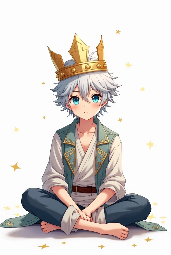 Anime Boy sitting cross-legged with a crown and white background