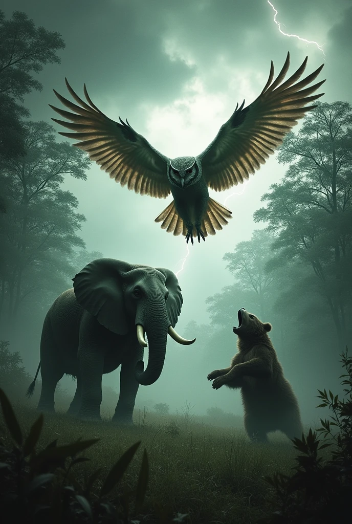 A war owl killing an elephant and a bear