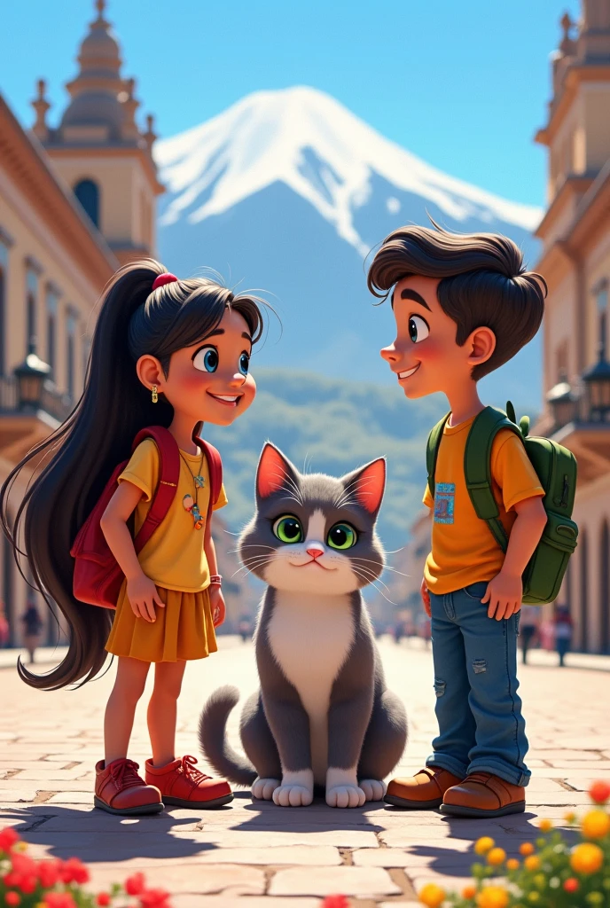 Create a horizontal image in the background of the Plaza de Armas in Arequipa with a girl, a boy and a gray cat with a white chest and green eyes looking at them and talking to them