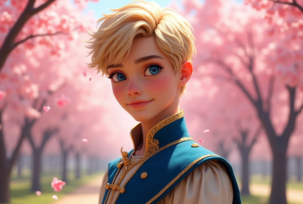 A young man, light blonde hair, short hair, white skin, blue eyes, royal clothes, a prince clothes, a spring background with cherry trees