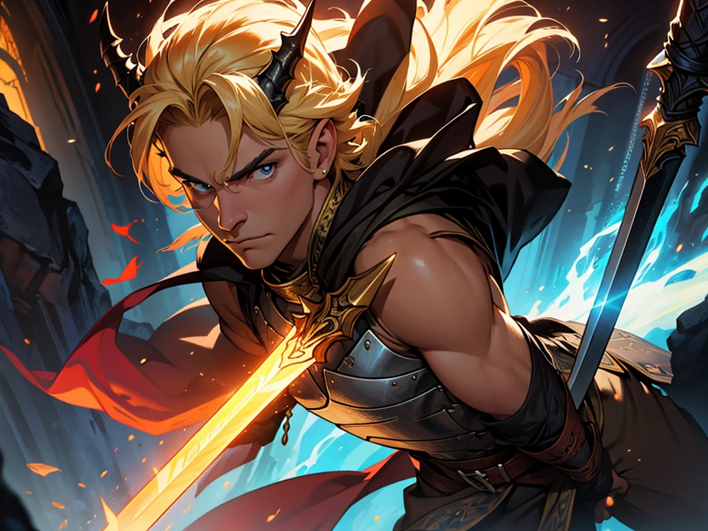 a man holding a sword in a dark room, a dark cave, the art of Edwards poster, jeff easyley dramatic light, Jeff Easley cinematic, por Jeff Easley, portrait of he man, Fantasyart, portrait painting of he man, Marco Schultz, he man, inspirado em Clyde Caldwell, dragon spear illustration, adult man, blond, hair flying, stark, knight, full body, medieval fantasy, looking straight ahead, high resolution, 4k resolution, warm hues,